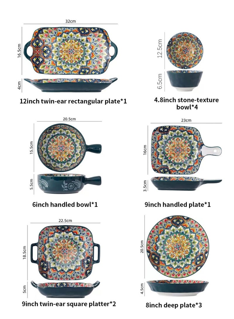 طقم عشاء من ١٢ قطعة، طقم هدايا، أدوات مائدة سيراميك كلاسيكية أنيقة بمقبض، آمنة للاستخدام في غسالة الصحون والميكروويف، أزرق/أخضر - Image 3